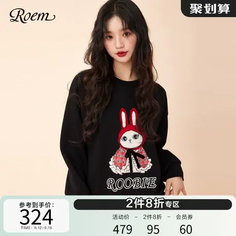 Roem甜美roobie猫咪刺绣圆领卫衣2023年春新款商场同款宽松上衣女图片