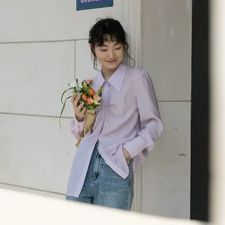 omont蛋挞家 复古小尖领褶皱长袖衬衫2023夏季新款设计感小众上衣图片