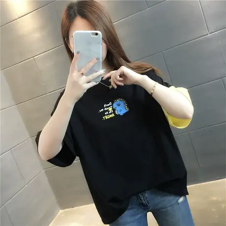 网红潮流短袖T恤女卡通2023年夏季新款韩版宽松拼色学生百搭体恤图片