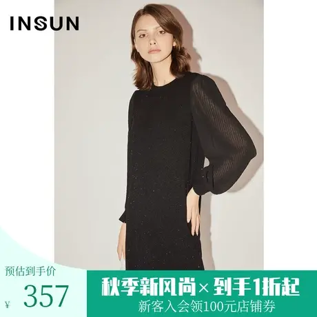 恩裳COVER春秋时尚拼接通透压褶袖微光泽珠片纱毛织连衣裙图片