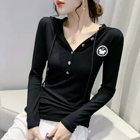 2023新款春秋连帽卫衣女长袖T恤设计感小众上衣韩版修身打底衫女t图片