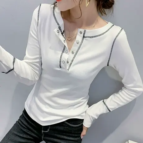 女装2023新款网红T恤长袖设计感小众拼接上衣修身显瘦打底衫春秋商品大图