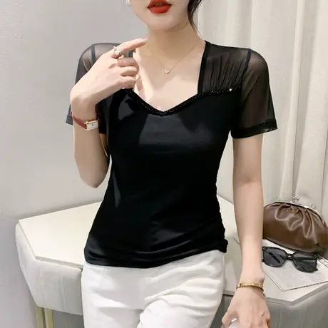 2023夏装新款网纱拼接T恤女短袖气质钉珠小衫性感V领修身上衣体恤图片