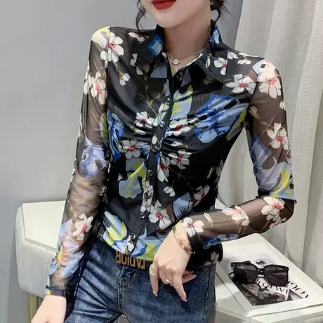欧货性感衬衫女长袖2023春秋新款气质印花网纱上衣洋气内搭打底衫图片