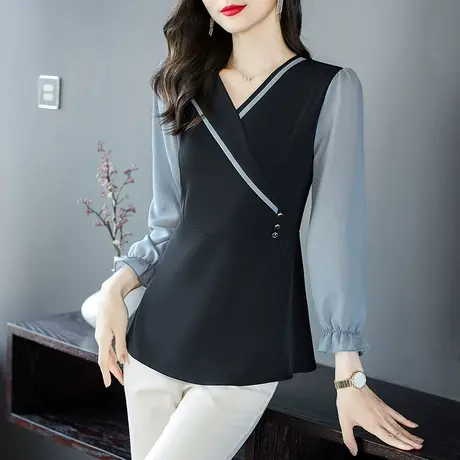 秋季新款上衣女t恤长袖春秋撞色洋气质减龄欧货胖mm大码女装遮肚商品大图