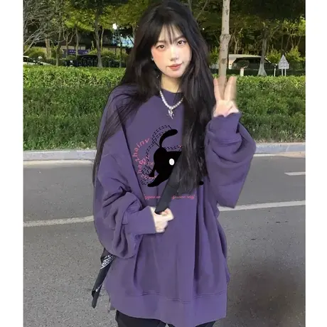 纯棉圆领卫衣女款2023新款爆款秋冬小个子外套韩系慵懒风加绒上衣商品大图