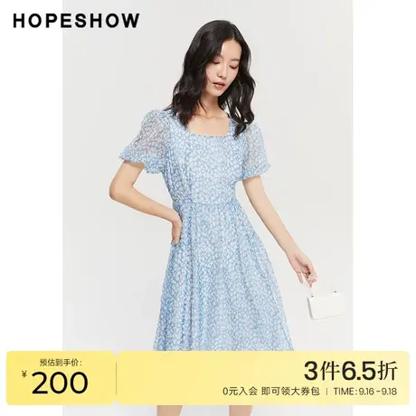 红袖outlets蓝色碎花裙hopeshow2023夏季新款女泡泡袖方领连衣裙图片