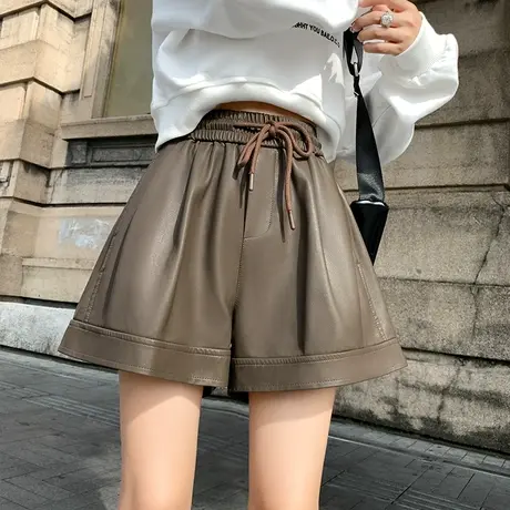 2023秋冬新款PU洗水蛋白皮短裤靴裤显瘦高腰a字绑带休闲阔腿裤子图片