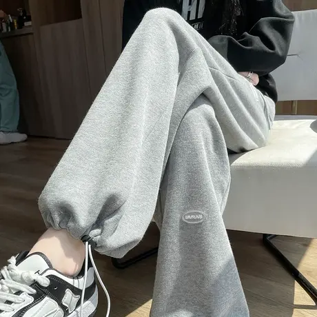 灰色抽绳运动裤女2023年秋冬新款高腰阔腿宽松显瘦休闲两穿灯笼裤商品大图