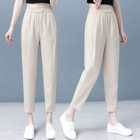 卡其色亚麻哈伦裤女夏季2023高腰八分休闲裤小个子时尚百搭萝卜裤商品大图