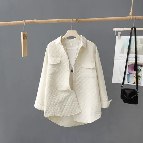冬季加厚夹棉衬衫外套女款中长款宽松慵懒风衬衣2023秋冬新款女装图片