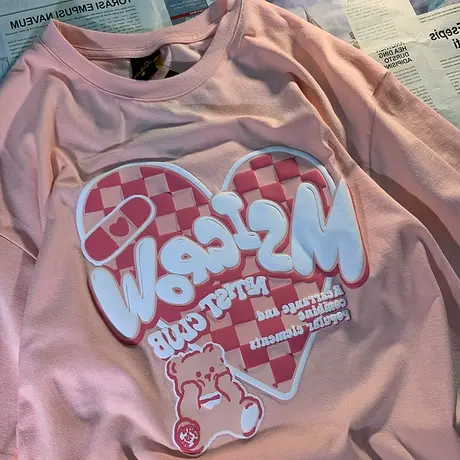 复古港风小熊爱心格子短袖T恤女夏季宽松小众国潮ins炸街半袖上衣商品大图