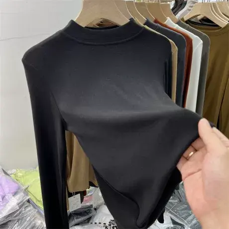 德绒打底衫女秋冬洋气长袖加绒上衣修身半高领内搭春秋2023年新款图片