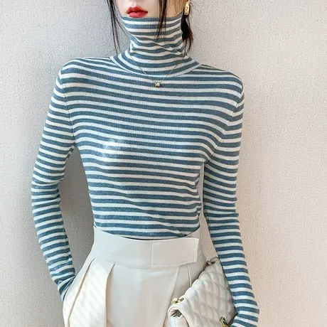 条纹高领长袖针织打底衫女2023早春新款修身保暖配大衣的内搭上衣商品大图