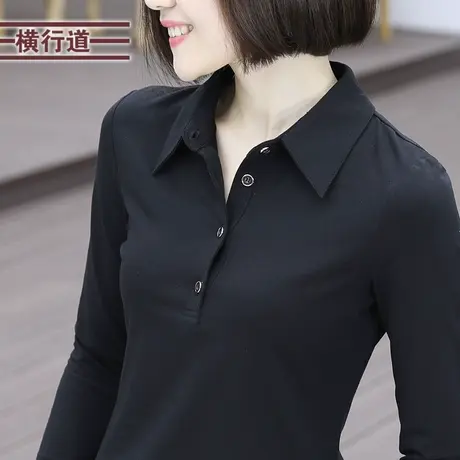 2023冬装翻领长袖T恤女装上衣休闲打底衫衬衣妈妈装加绒纯色内搭商品大图