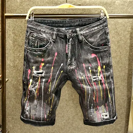 夏季破洞牛仔短裤男泼墨涂鸦宽松五分裤时尚潮牌炸街油漆弹力马裤商品大图