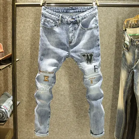 高端刺绣显瘦牛仔裤男款欧货修身弹力小脚裤时尚百搭潮牌男士裤子商品大图