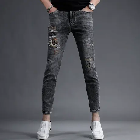 潮牌九分牛仔裤男夏季新款个性刺绣弹力修身小脚潮流男士新款裤子商品大图