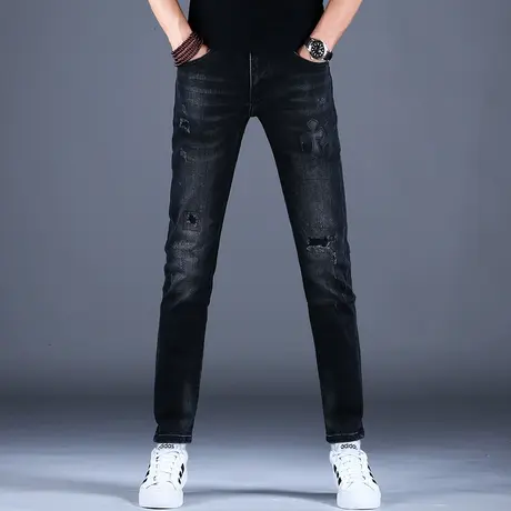 2023新款男士春秋十字架牛仔裤潮男黑色破洞修身小脚裤子百搭潮牌图片