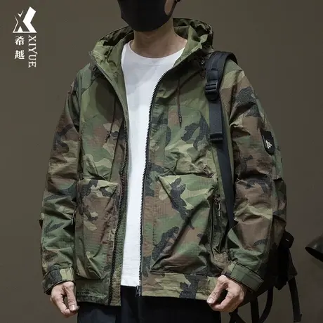 希越迷彩荷叶式防水冲锋衣男秋季宽松大码拼接复古水洗连帽外套潮商品大图
