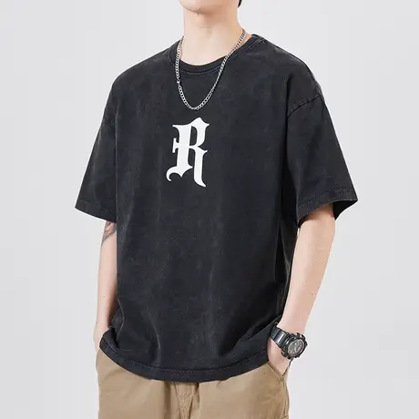 男士纯棉黑色T恤短袖夏季男款全棉印花圆领半袖衫夏天潮牌上衣服商品大图