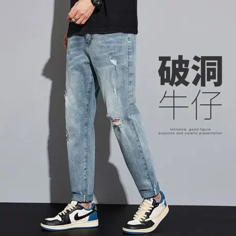 夏天男士乞丐破洞直筒休闲夏季薄款男生宽松高街潮牌牛仔裤子男装商品大图