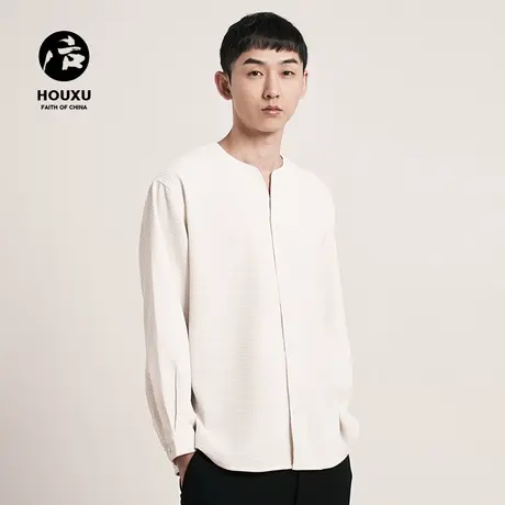 后序华夫格t恤男长袖宽松小V领原创高级感t恤男设计感 白色打底衫商品大图