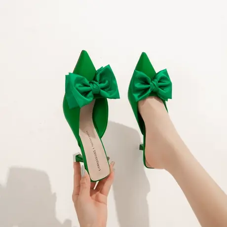 绿色蝴蝶结高跟鞋女细跟2023年夏季新款法式少女百搭尖头半拖凉鞋商品大图