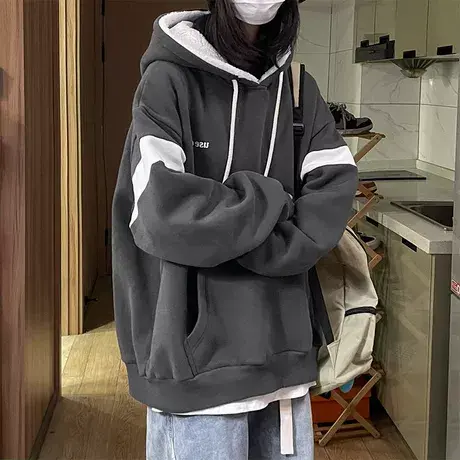 大码加绒加厚连帽卫衣女装春秋季新款胖mm复古宽松百搭外套200斤商品大图