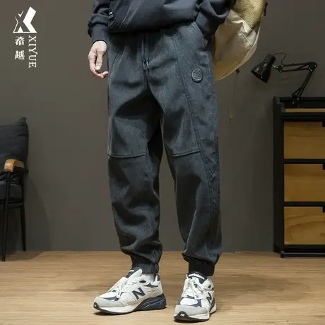 美式复古运动卫裤男宽松大码加绒春秋束脚长裤男士华夫格休闲裤子图片