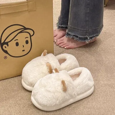 棉拖鞋女士冬季外穿可爱小耳朵室内家居厚底防滑毛绒保暖包跟棉鞋图片