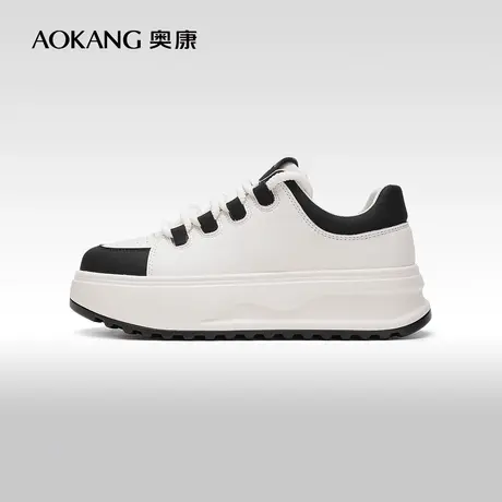 【门店发货】奥康女鞋 2024春季新款厚底面包鞋圆头系带小白鞋图片