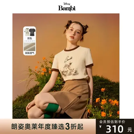 【迪士尼系列】莱茵印花修身纯棉短袖女2023夏季新款小鹿斑比T恤图片