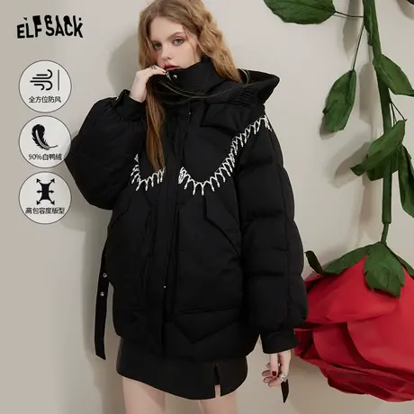 妖精的口袋珍珠流苏黑色羽绒服女2022冬季新款面包服防风保暖外套图片