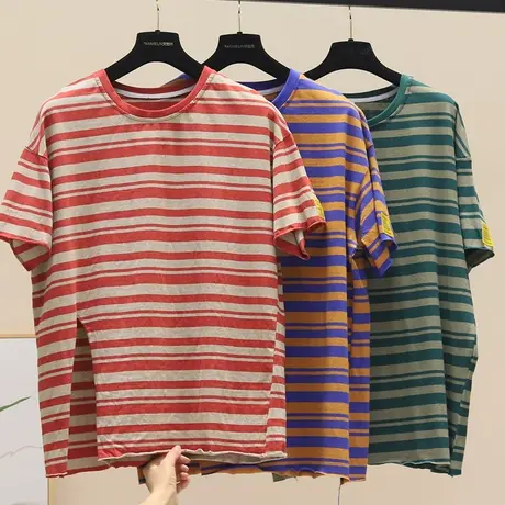 侧开叉条纹复古T恤女士2023年夏季新款宽松显瘦上衣网红百搭短袖商品大图