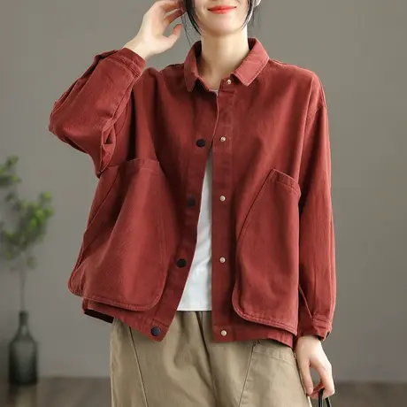 dza 秋季翻领工装外套女士休闲短款夹克新款开衫宽松韩版百搭上衣商品大图