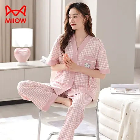 猫人纯棉睡衣女夏天薄款甜美可爱开衫家居服短袖长裤可外穿套装女商品大图