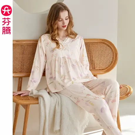 芬腾女士睡衣春秋季纯棉长袖V领套头套装女款休闲大码全棉家居服商品大图