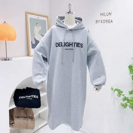 22秋冬新款韩版字母长款加绒加厚连帽卫衣裙过膝及裸连衣裙大码图片