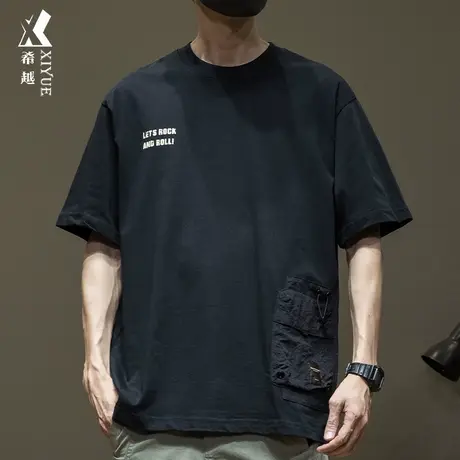 希越重磅纯棉印花短袖T恤男夏季复古宽松大码工装户外男士上衣潮商品大图