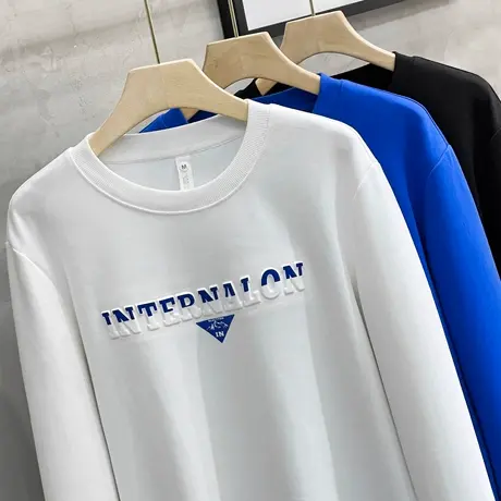 2023秋季新款生态棉立体印花长袖T恤男士圆领套头卫衣秋装潮上衣商品大图