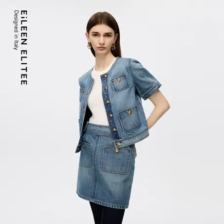 朗姿欧洲EiLEEN ELITEE2025秋新款时尚纯棉圆领短袖牛仔短外套女图片