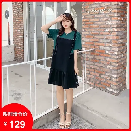 夏季新款气质胖MM显瘦大码连衣裙直筒宽松休闲拼接撞色减龄假两件商品大图