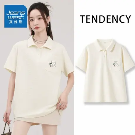KMV真维斯polo衫短袖t恤女2025新款女士简约翻领大码夏季半袖上衣商品大图