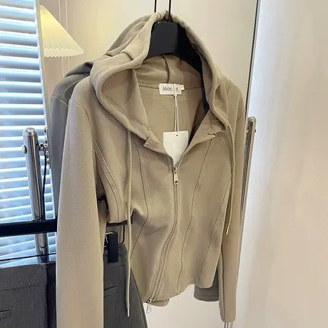 鱼骨修身收腰短款双头拉链连帽薄款卫衣开衫帽衫上衣外套女春秋图片