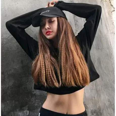 黑色长袖t恤女夏薄韩版嘻哈bf漏肚脐高腰短款露脐上衣宽松hiphop商品大图