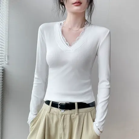 蕾丝V领长袖T恤女2025修身显瘦纯色百搭纯欲风正肩内搭打底衫上衣商品大图
