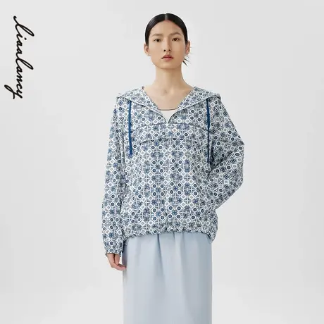 [朗姿奥莱]LANCY/朗姿春季新款宽松印花连帽夹克女士套头休闲半拉商品大图