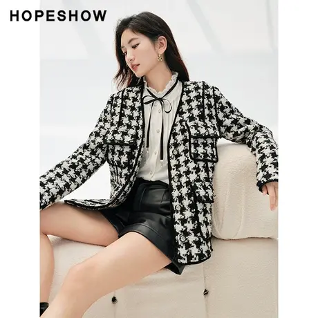 红袖冬季2023新款女装 千鸟格织带边单排扣V领粗花呢90123370409商品大图