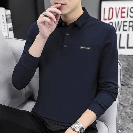 丝光珠地棉翻领宝蓝polo衫男士长袖t恤带领打底衫有领保罗上衣服图片